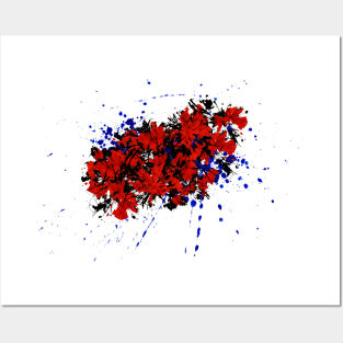Red Blue and Black Flower Splatter Art Posters and Art